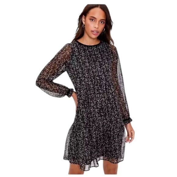 LOFT‎ NWOT Floral Velvet Trim Swing Dress Medium Black Sheer Long Sleeve Lined - Picture 1 of 12